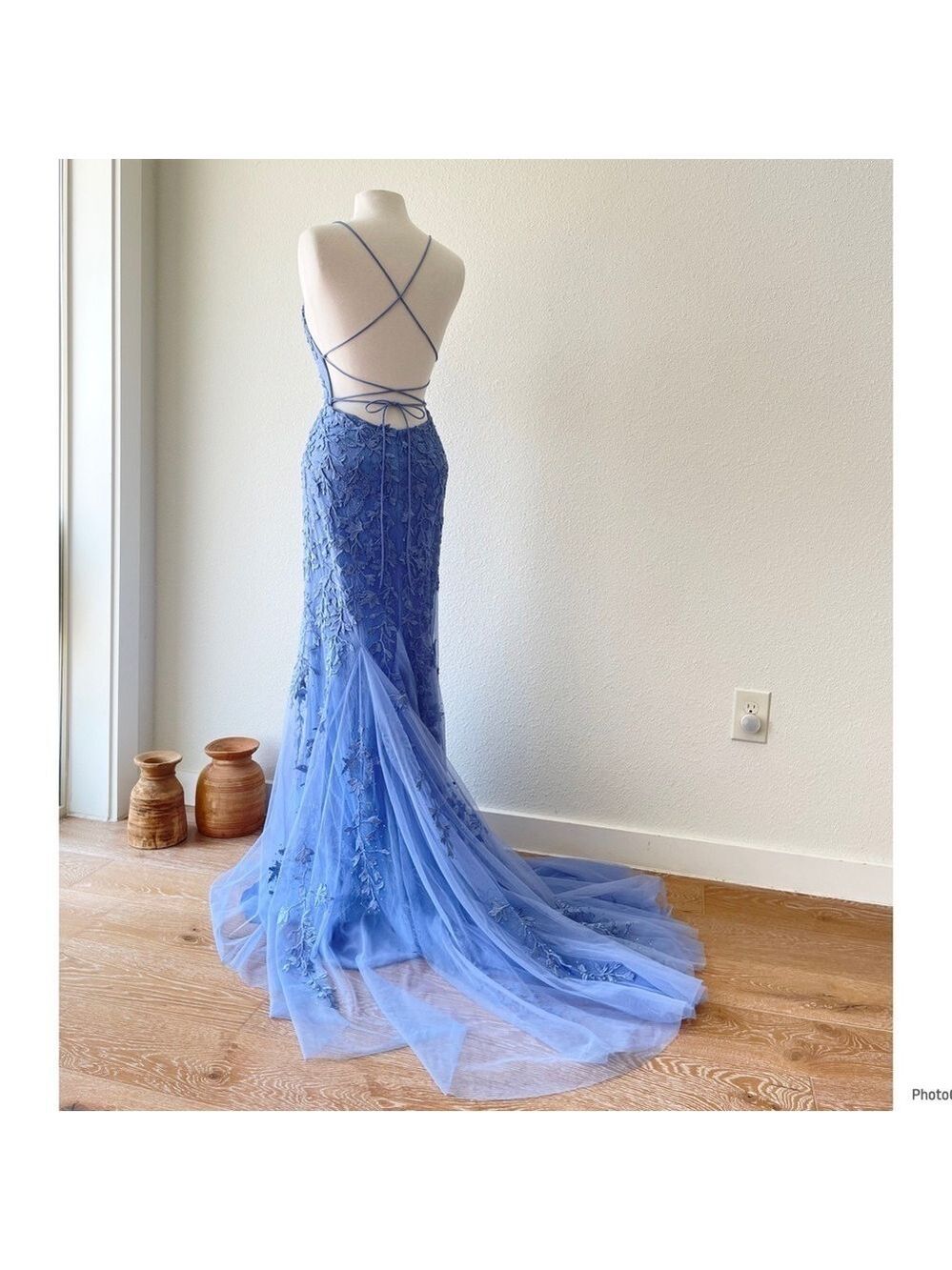 Sherri Hill Blue Lace Evening Gown Mermaid Medium Tail Prom Dress Party Size 6 - Picture 3 of 10